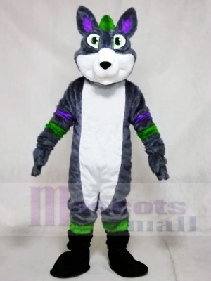 Gray Husky Dog Fursuit with Purple and Green Stripes Mascot Costumes Animal