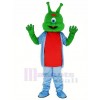 Green Alien in Blue Mascot Costume Cartoon	