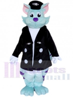 Blue Cat Mascot Costume Animal in Black Jacket