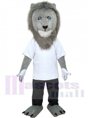 Grey Lion Mascot Costume Animal in White T-shirt