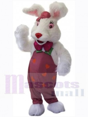 White Bunny Rabbit Mascot Costume Animal in Purple Dungaree