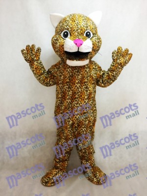 Yellow Leaping Leopard Animal Mascot Costume with a Pink Nose 