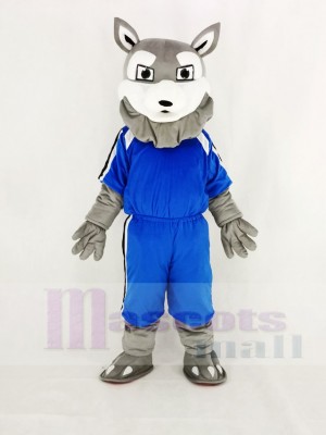 Power Gray Husky Dog in Blue Mascot Costume Cartoon