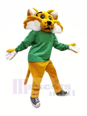 Brown Wildcat in Green Mascot Costumes Cartoon	