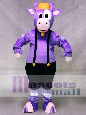 Cute Purple Cow with Overalls and Bell Mascot Costume Animal 
