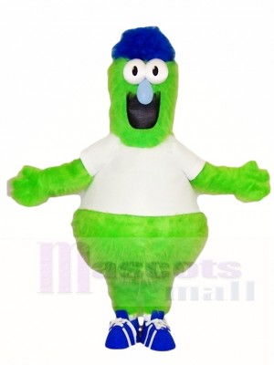 Fluffy Green Monster with Blue Hat Mascot Costumes 