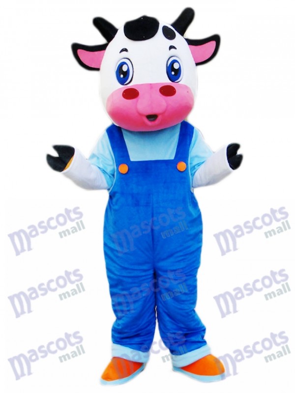 Cow in Blue Overalls Mascot Costume
