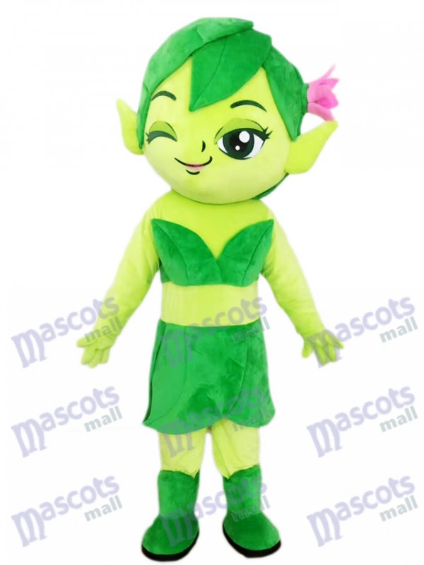 Green Female Elf Wizard with Flower Mascot Costume Cartoon