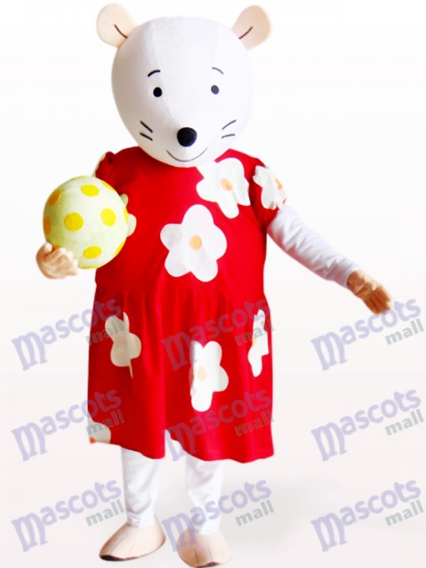 Cute Mouse In Red And White Floral Dress Animal Mascot Costume