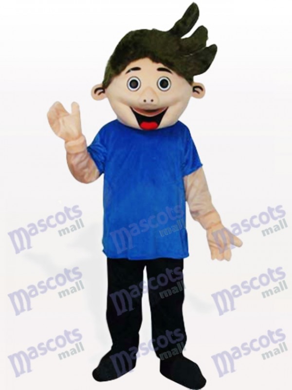 Little Boy in Blue Shirt Adult Mascot Costume